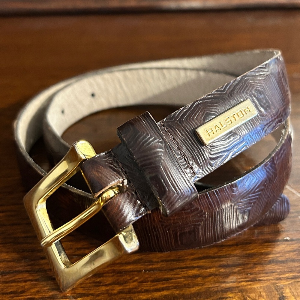 HALSTON Monogram Womens Designer Luxury textured leather Belt